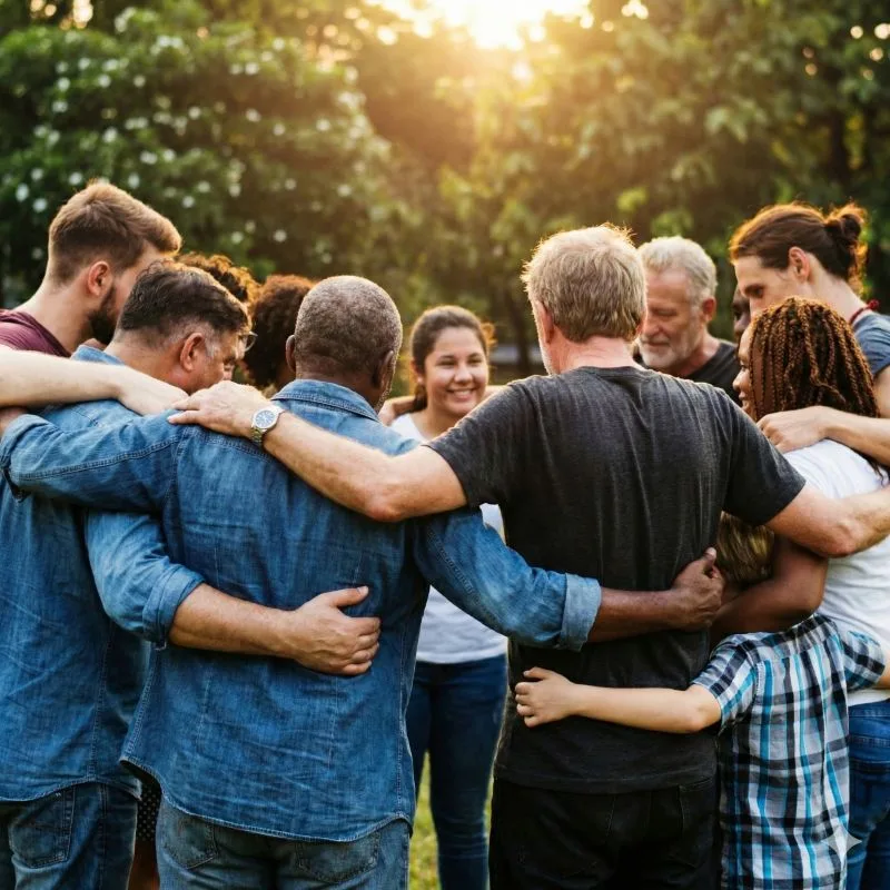A diverse group of people standing together with arms around each other in warm evening light, connected through conversation